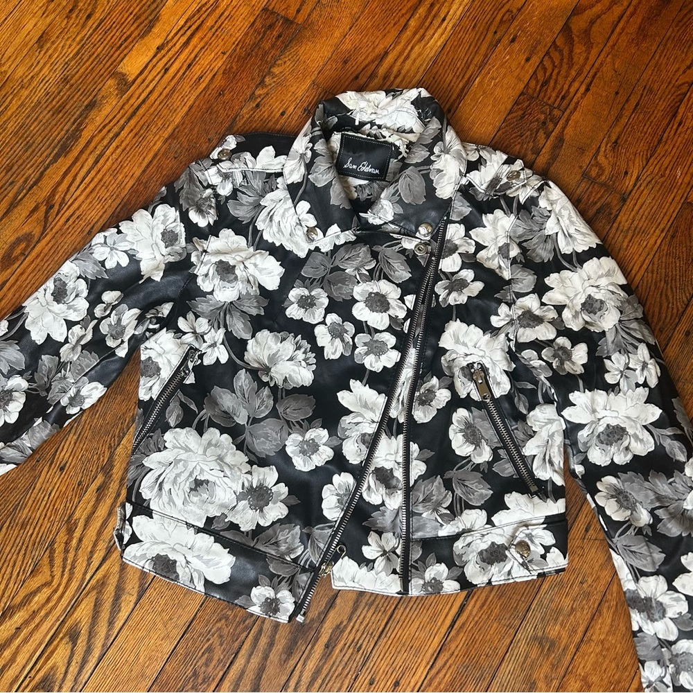 Sam Edelman Floral Faux Leather Black and Gray Cropped Jacket